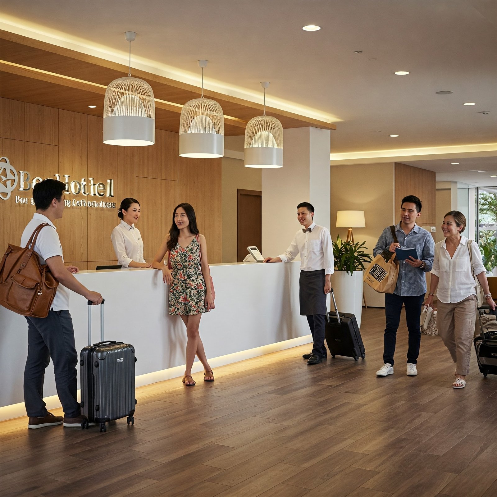 Fotografía premium y realista en UHD, turistas satisfechos realizando check-in digital ágilmente en recepción gracias al agente IA del hotel. Ambiente cómodo, limpio y contemporáneo, destacando modernidad y satisfacción del cliente. Luz natural suave, composición amigable y acogedora.