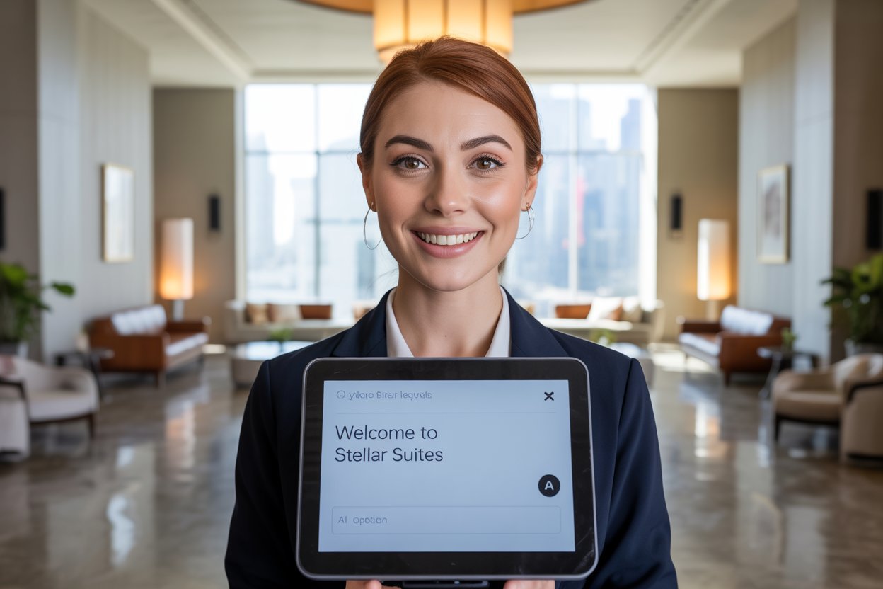 Retrato profesional en ultra HD de dueña de hotel, con expresión relajada y confiada, revisando desde su oficina una laptop con gráficos que destacan reducción de errores y optimización operativa por el uso del agente IA. Ambiente ordenado, iluminación cálida, estilo ejecutivo y minimalista.